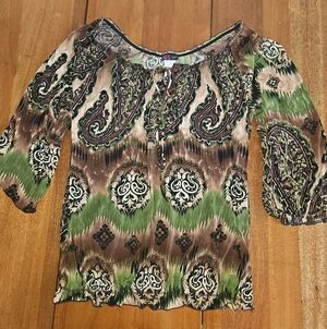 Agenda Green and Brown Paisley Peasant Blouse